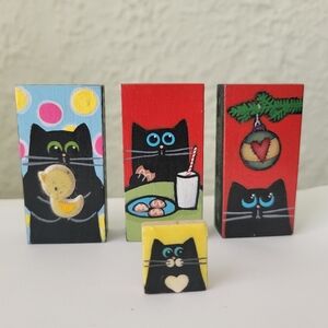 Set of 4 black cat wooden blocks Handpainted